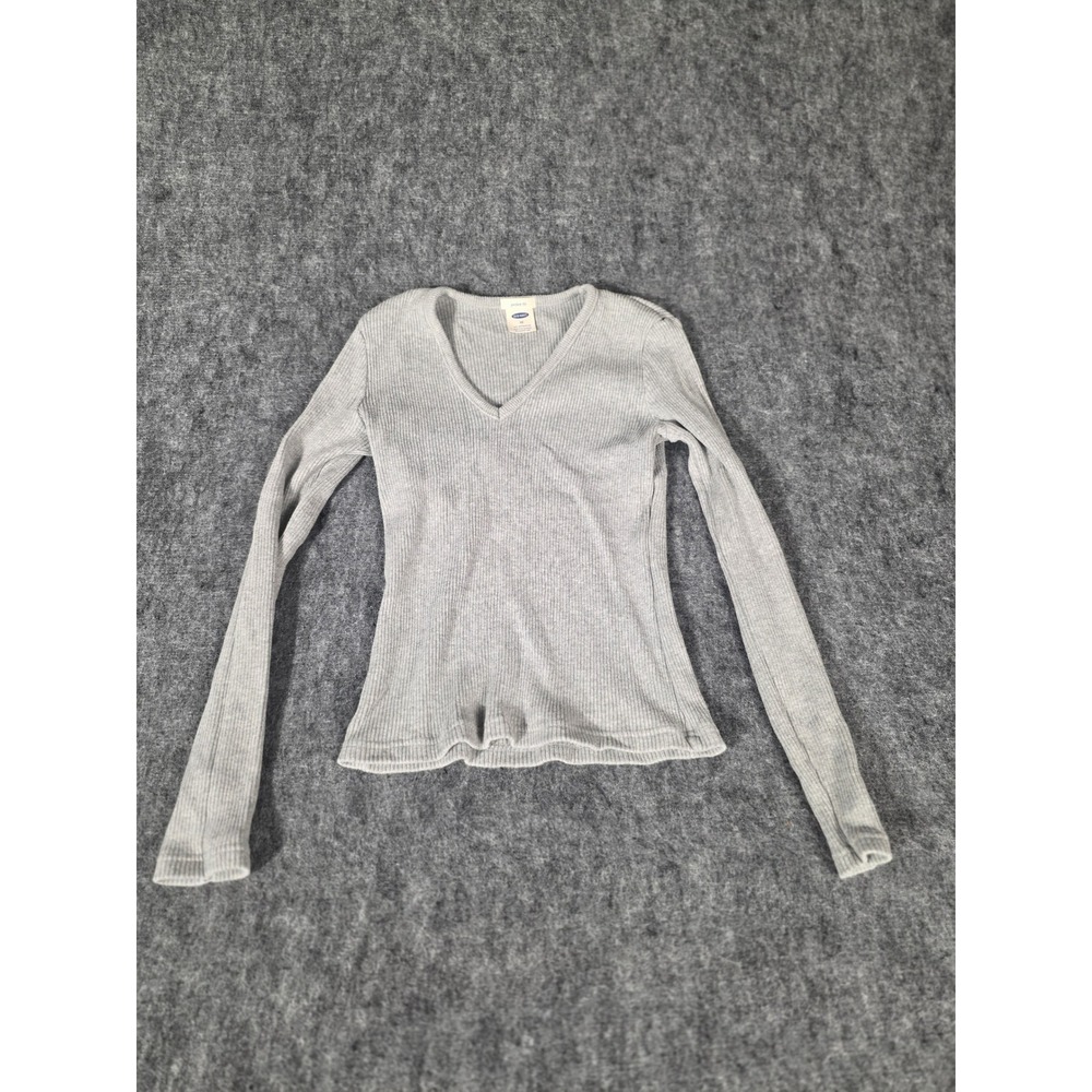 Womens Top XS Gray Ribbed V Neck Long Sleeve Shirt Cotton Fitted Old Navy